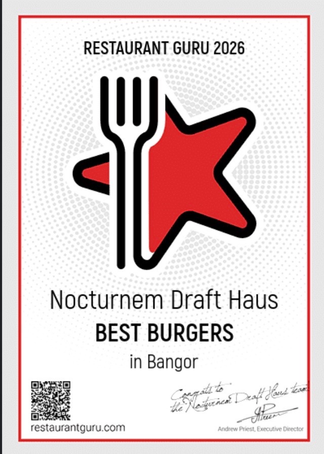 Restaurant Guru 2026 badge naming Nocturnem Draft Haus best burgers in Bangor.
