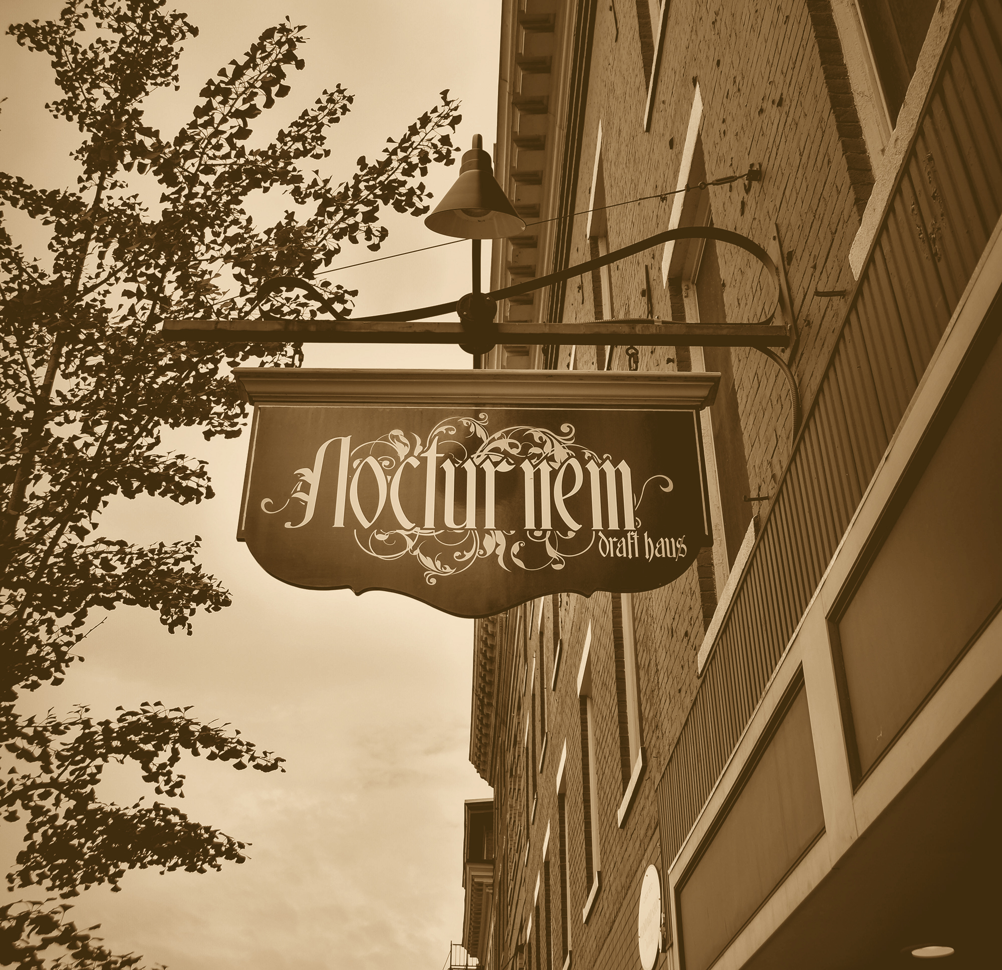 The ornate hanging Nocturnem sign in blackletter against the brick storefront.